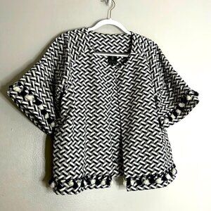 Bobeau navy blue white shirt sleeve bohemian tassel crop jacket medium